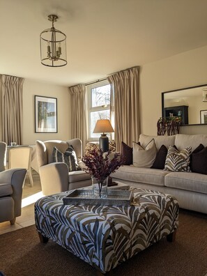 Smart TV, fireplace, books, stereo