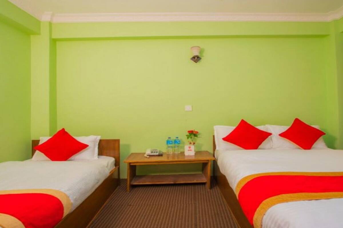 A hotel room with two beds, each with red pillows and white bedding. There is a small wooden nightstand between the beds with a phone, a water bottle, and a small plant. The walls are painted green, and there is a window with curtains.