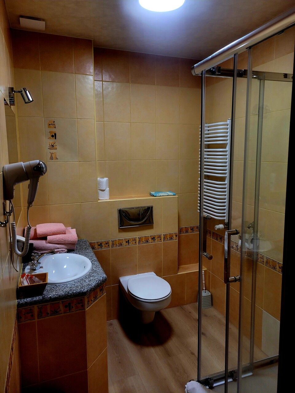 A bathroom with a sink, toilet, and a glass shower enclosure.