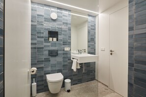 Shower, rainfall showerhead, hair dryer, towels