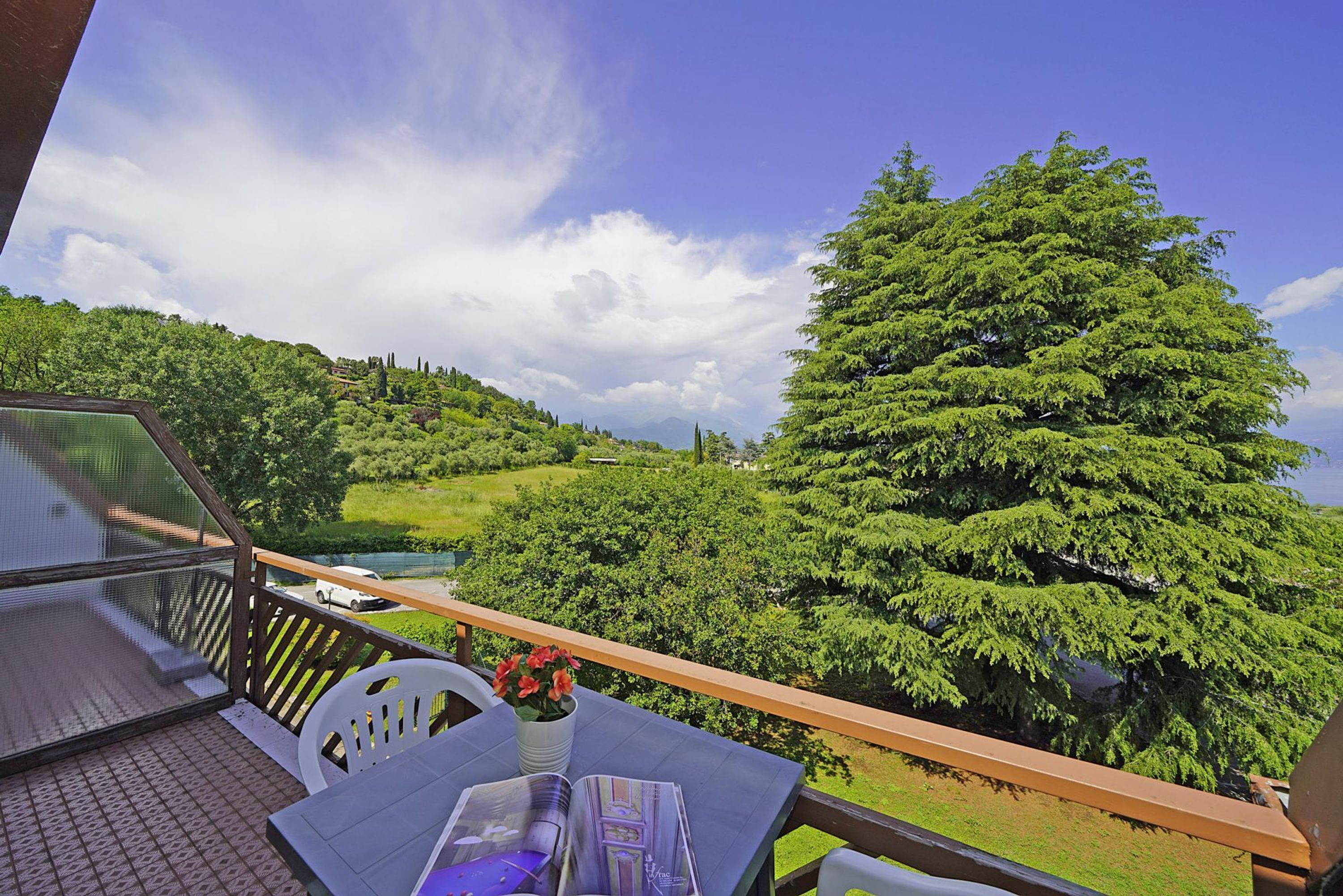 A balcony with a table and chairs, overlooking a lush green landscape and a large tree.