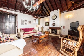 Een flatscreentelevisie, een open haard en een dvd-speler