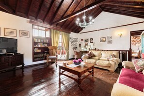 Een flatscreentelevisie, een open haard en een dvd-speler