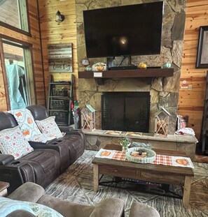 Smart TV, fireplace, books