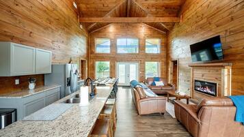 Smart TV, fireplace, books
