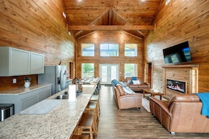 Smart TV, fireplace, books