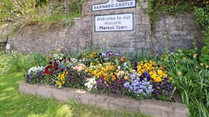 A sign for Barnard Castle welcoming visitors to its historic market town, surrounded by a variety of colorful flowers. - Bracken Fern (Richmond)