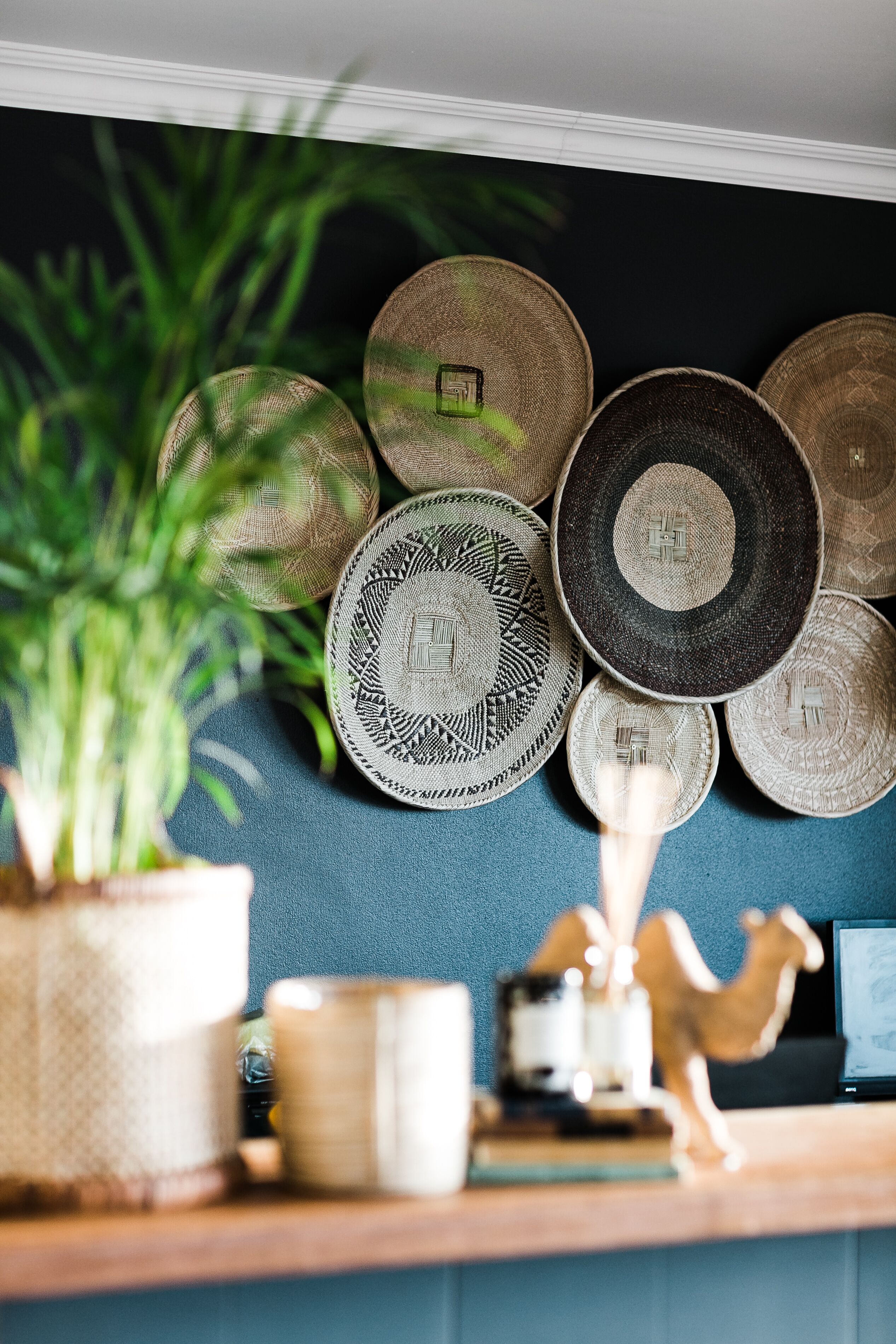A wall with various woven baskets and a potted plant.
