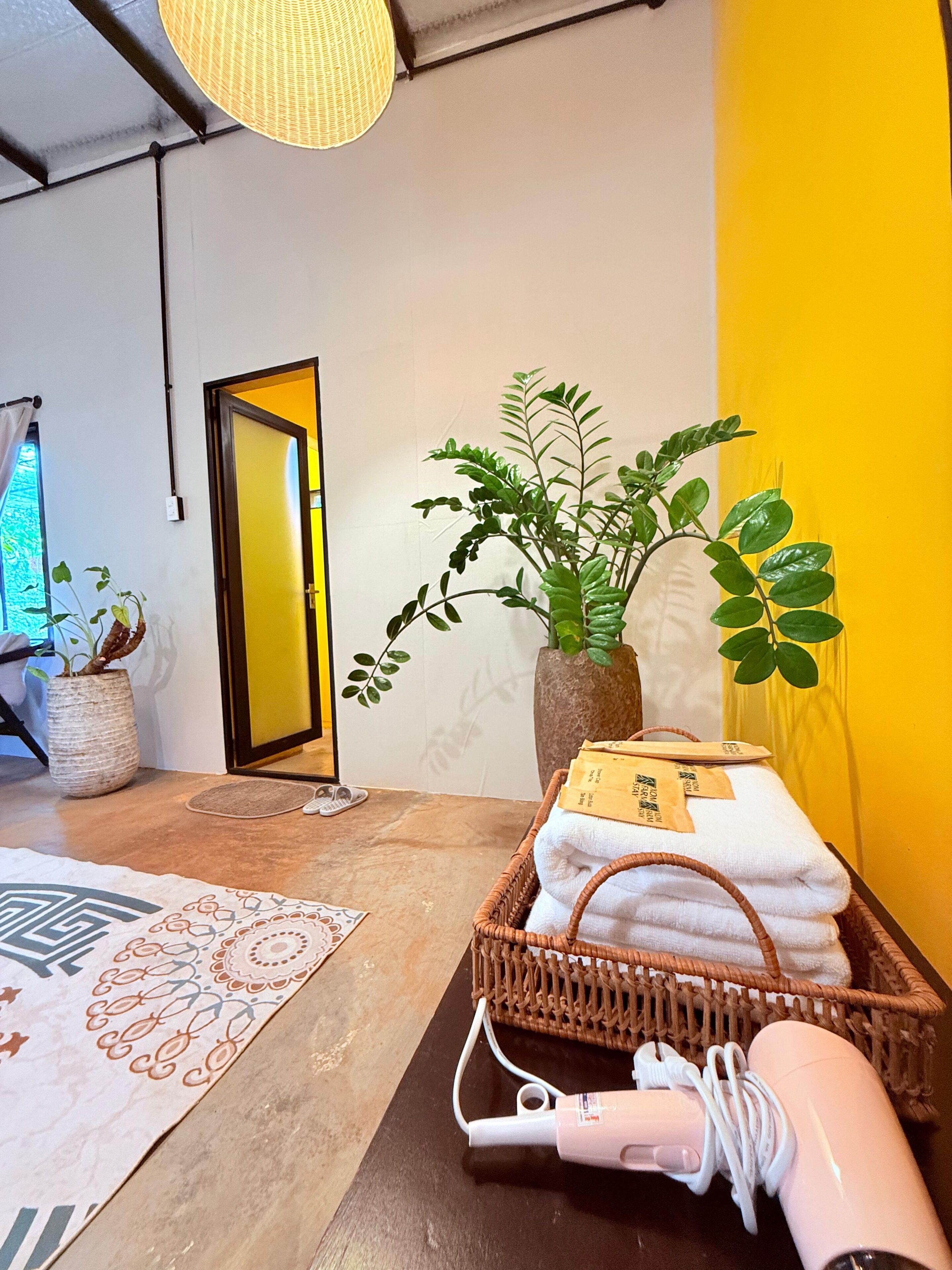 A room with a wooden floor, a large mirror, a potted plant, a wicker basket with towels, and a hairdryer.