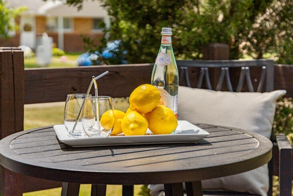 Ein runder Tisch mit einem weißen Teller, der Zitronen und eine Wasserflasche enthält, auf einer Terrasse mit einer Holzbank und einem Kissen im Hintergrund.