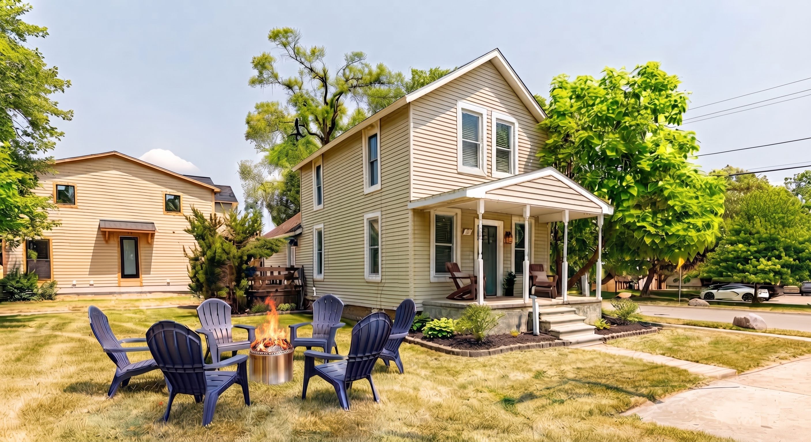 A two-story house with a front porch, a fire pit, and outdoor seating.