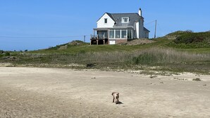 Una casa de dos pisos con balcón, ubicada en una playa arenosa con un perro en primer plano.