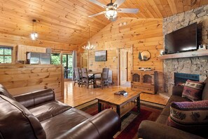 TV connectée, cheminée, livres