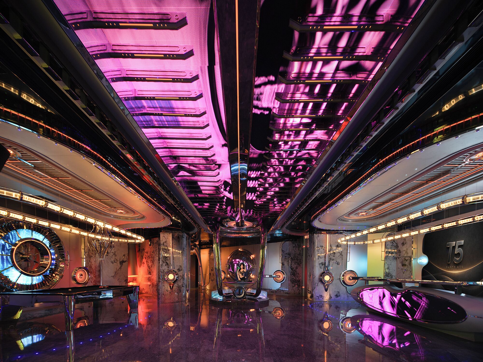 A futuristic interior with reflective surfaces and ambient lighting.