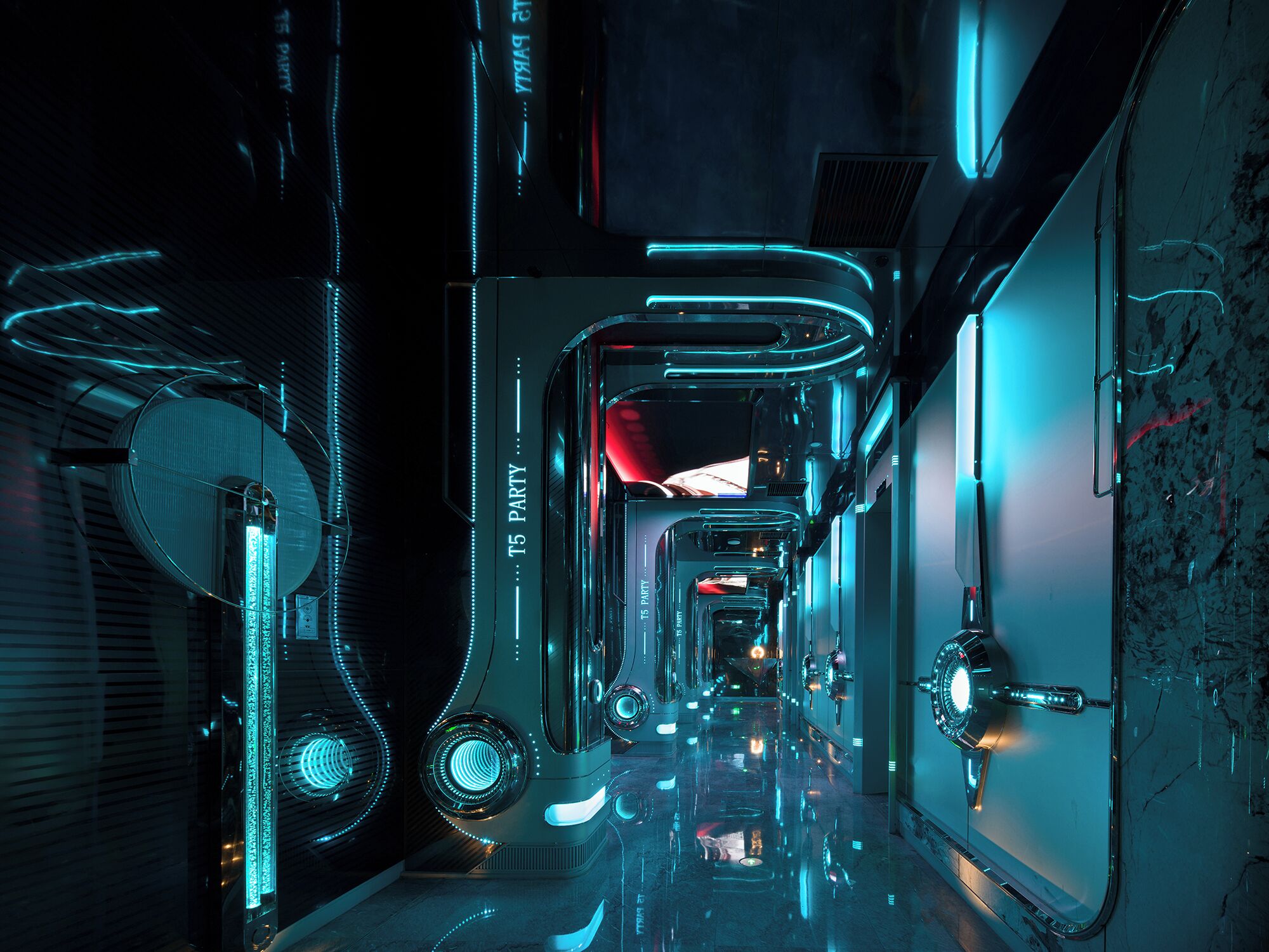 A futuristic corridor with metallic surfaces, reflective floors, and ambient lighting.