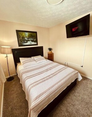 A bedroom with a bed, a painting, a TV, a lamp, and a small plant. - Rustic-modern style Alaskan retreat (Anchorage)