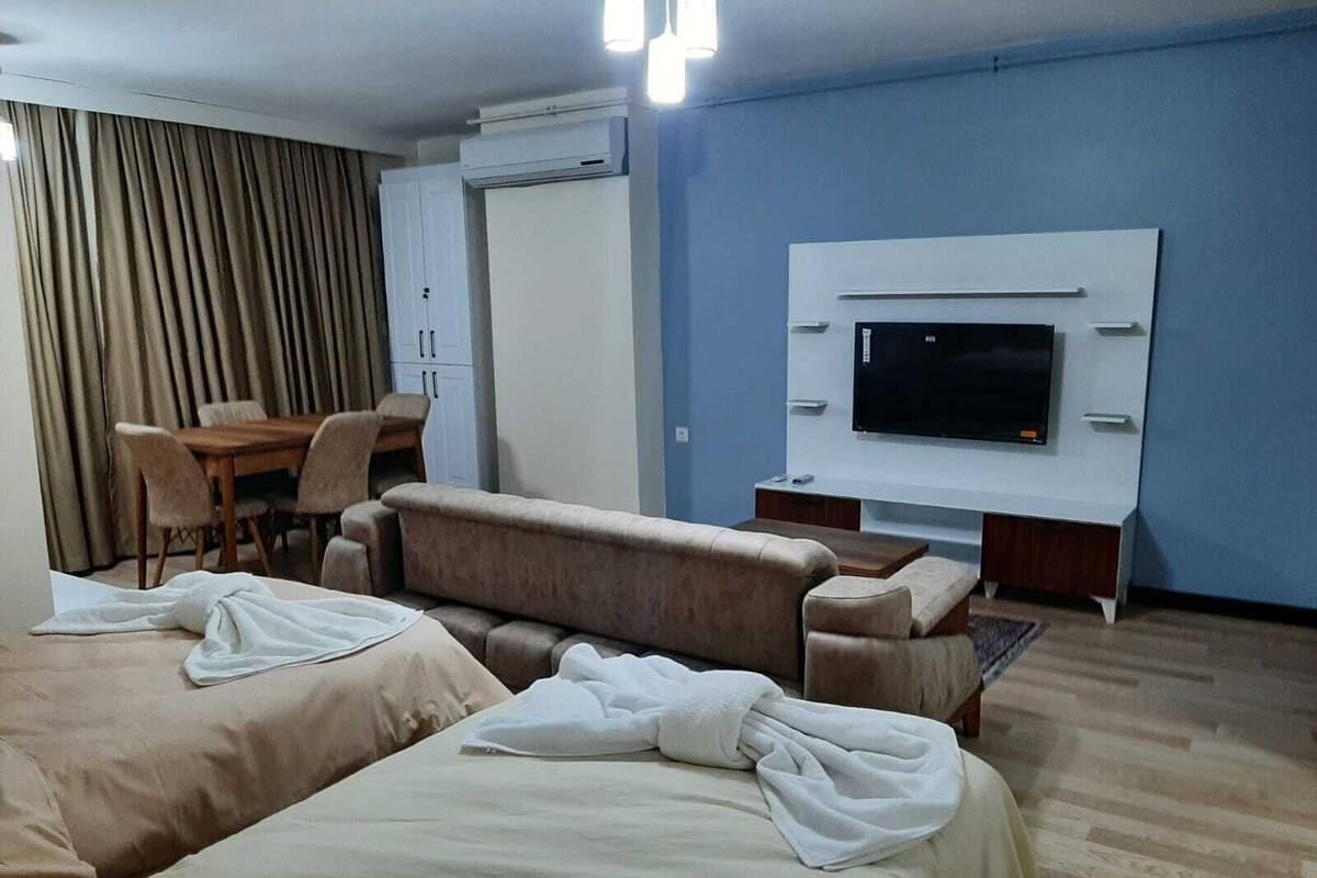A hotel room with a sofa bed, a TV mounted on the wall, a dining table with chairs, and an air conditioning unit.