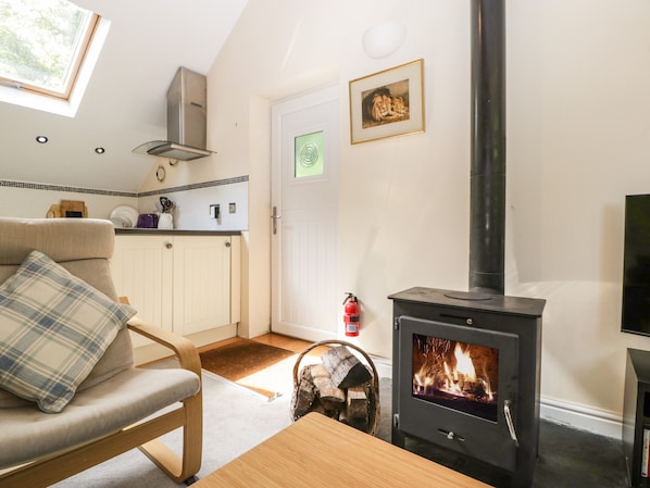 A cozy living room with a fireplace, a sofa, a dining table, and a kitchen area with cabinets and a window.
