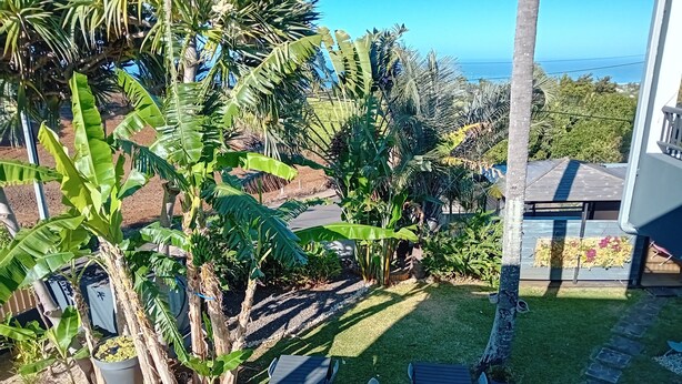 Zona junto a la piscina con vista despejada al océano, rodeada de exuberante vegetación tropical y una estatua de Buda.