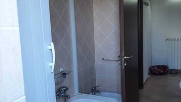 Hair dryer, bidet, towels, soap