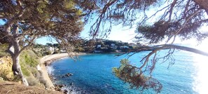 A coastal view with a clear blue sea, a sandy beach, and a hillside with buildings. - Studio climatisé 4 personnes proche du centre de Sanary (Sanary-sur-Mer)