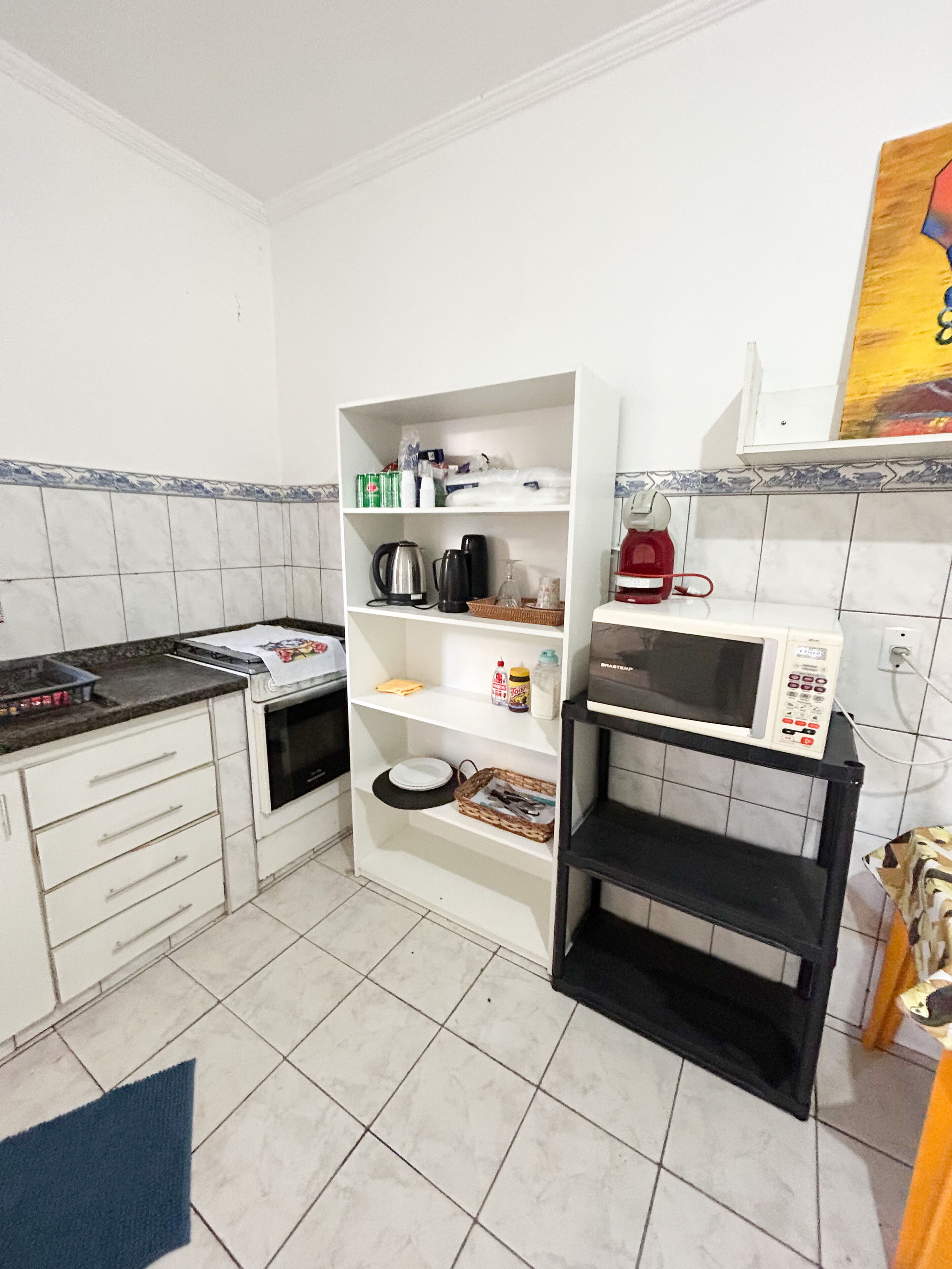 fridge, microwave, coffee/tea maker, electric kettle