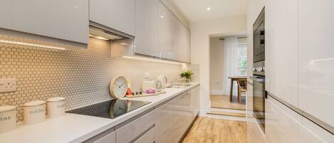 Apartamento | Cocina privada | Frigorífico, microondas, horno y placa de cocina