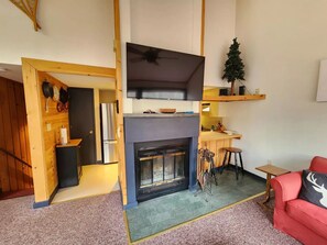 Smart TV, fireplace, books