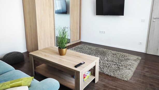 Ein modernes Wohnzimmer mit Couchtisch aus Holz, einer Zimmerpflanze, einem grauen Teppich und einem flachbildfernseher an der Wand.