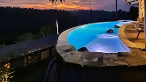 A pool with a stone edge, a palm tree, and a sunset in the background. - Chalet Bromo lounge & lodge (Kedungredjo)