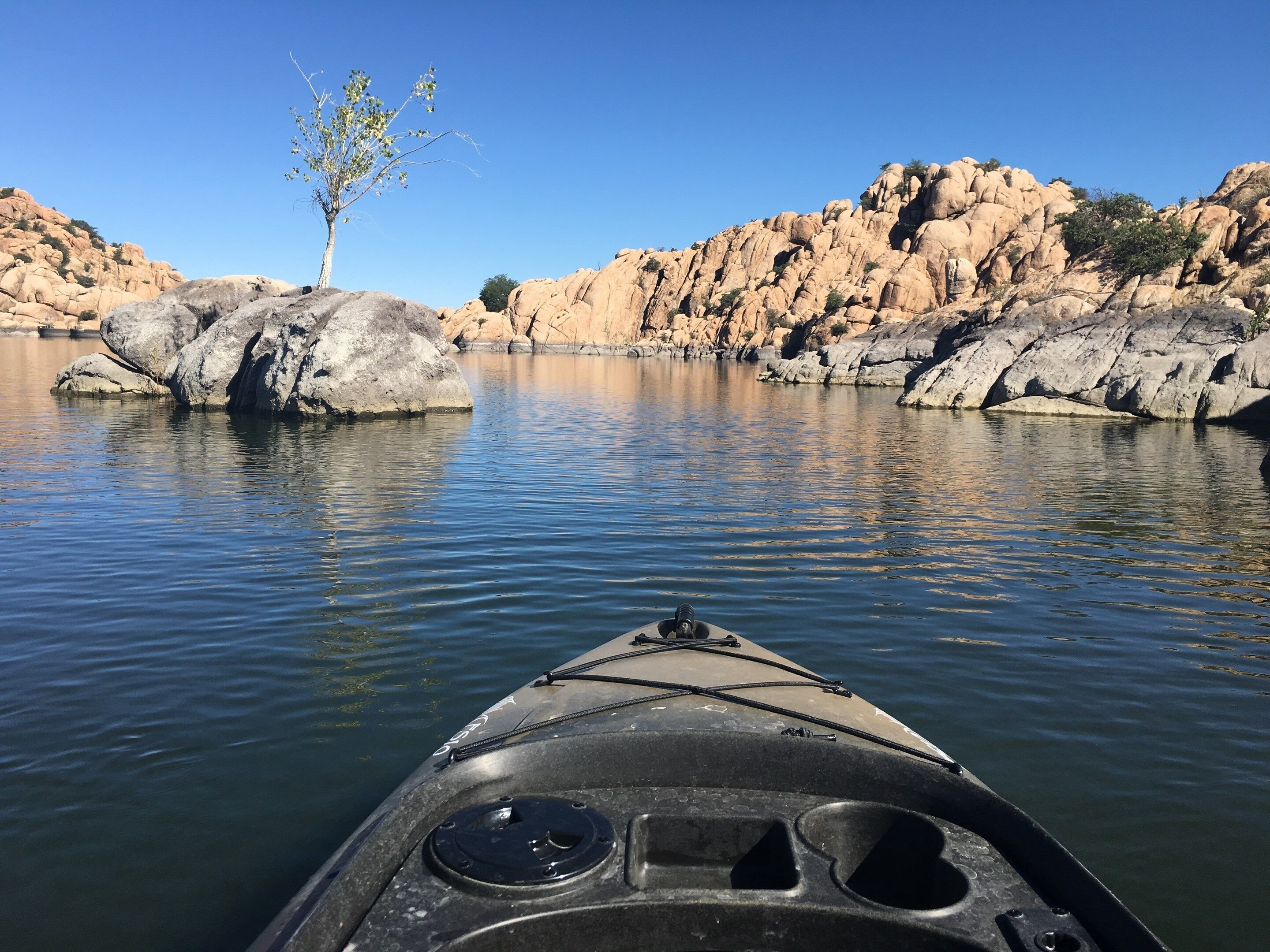 A kayak on calm water with rocky cliffs and sparse vegetation in the background.