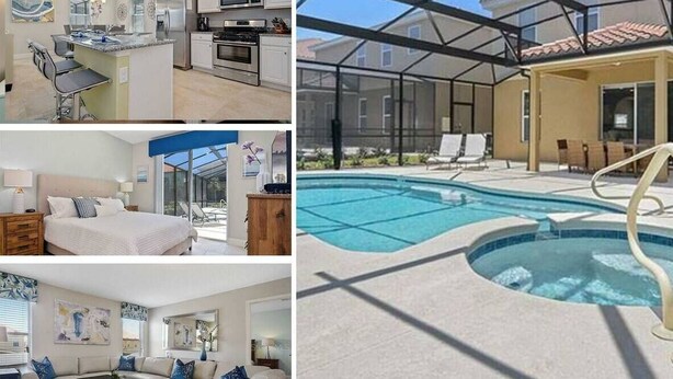 A modern kitchen with a central island, a bedroom with a large bed and a view of the outdoors, a living room with a sofa and artwork, and a pool area with a hot tub.