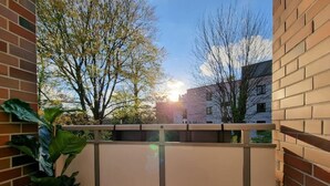 Ein Balkon mit Holzboden, weißer Brüstung und einer Topfpflanze.
