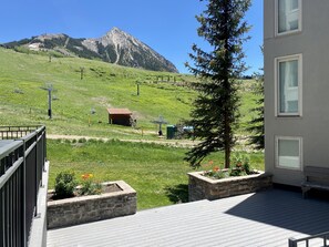 A view from a balcony overlooking a green hillside with a mountain in the background, a wooden cabin, and a ski lift.