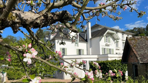 Ein weißes Gebäude mit einem Gartenweg, der darauf führt, umgeben von Grün.