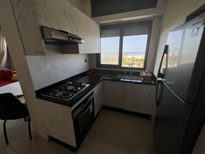 A compact kitchen with a gas stove, a built-in oven, a stainless steel refrigerator, and a window offering a view of the beach.