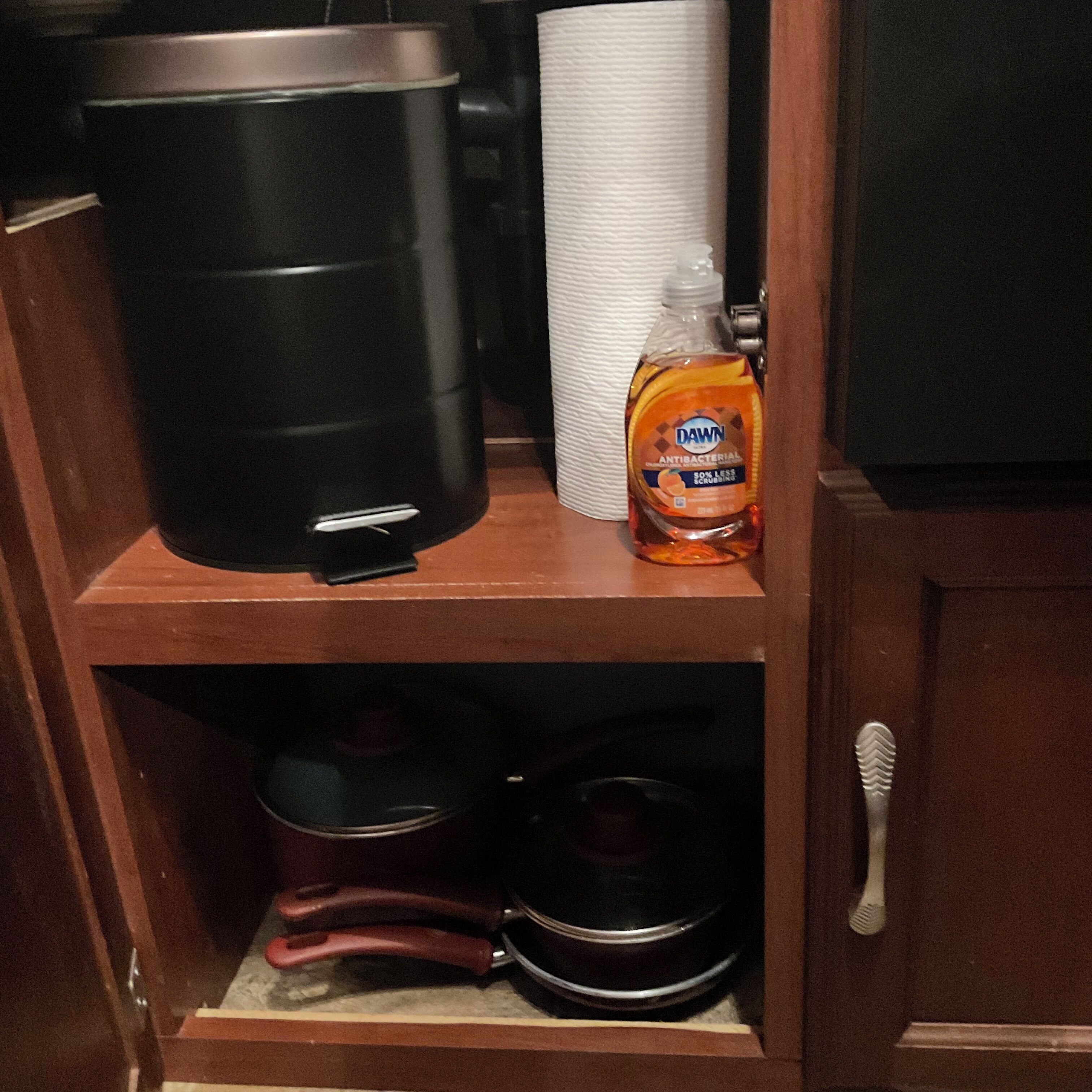 A kitchen shelf with a black appliance, a bottle of Dawn antibacterial dish soap, and a stack of paper towels.