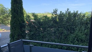 A balcony with a table and chairs, overlooking a hedge and a distant view. - Vacation apartments Gergert (Löwenstein)
