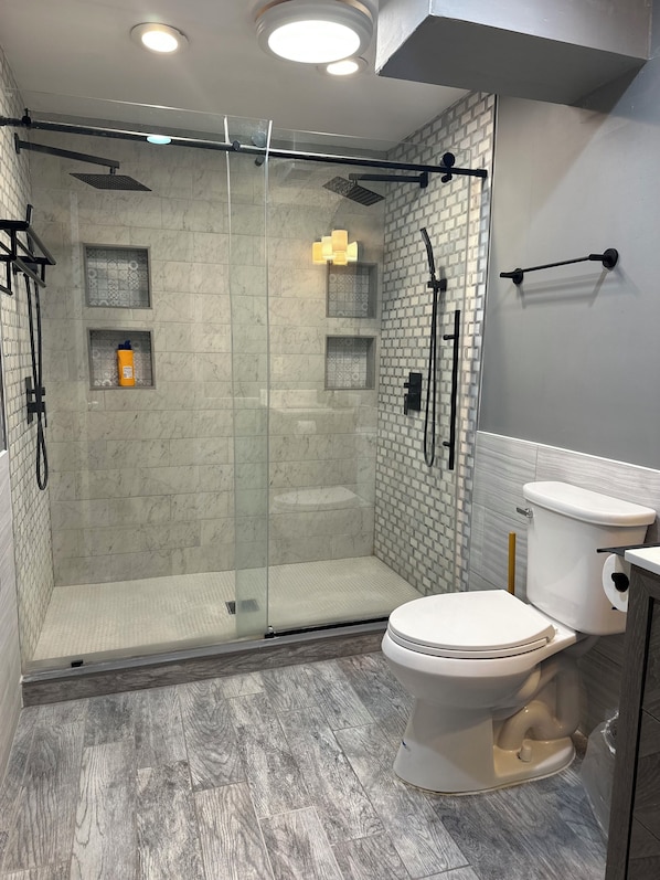Hair dryer, towels, soap, shampoo