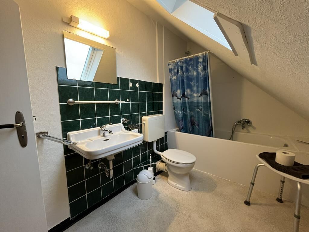 Un baño pequeño y moderno con tragaluz, inodoro, lavamanos y cortina de ducha.