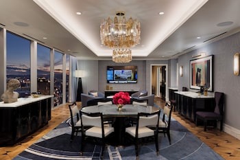 Fleur de Lis Crown Penthouse | Living area | 55-inch LED TV with digital channels at Fontainebleau Las Vegas, MICHELIN Key Award Hotel