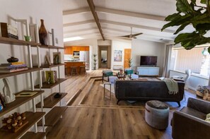 Smart TV, chimenea, reproductor de DVD y libros 