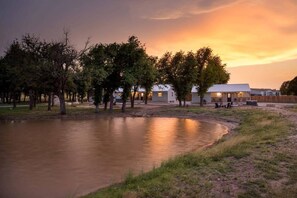 A tranquil lakeside setting with a row of buildings, likely a hotel or resort, featuring a calm water body and trees.