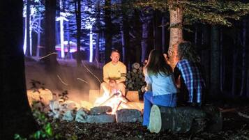 Eine Gruppe von Menschen sitzt an einem Lagerfeuer in einem bewaldeten Gebiet.