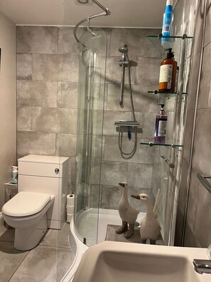 Douche, sèche-cheveux, serviettes fournies, savon