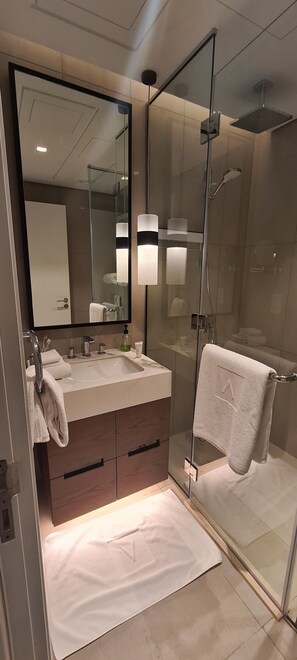 Shower, jetted tub, hair dryer, towels