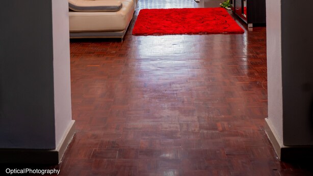 A hallway with a wooden floor, a red rug, a beige sofa, and a white door leading outside. - The vintage manor (Blantyre)