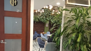 Quarto com porta de madeira, planta em vaso e vista para uma sala de jantar com cadeiras e mesas.