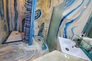 Hair dryer, towels, soap, shampoo