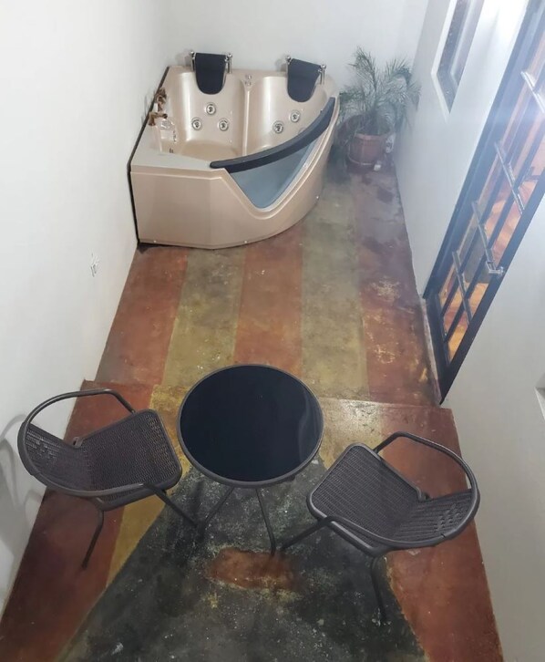 A small, enclosed space with a bathtub, two chairs, and a potted plant.